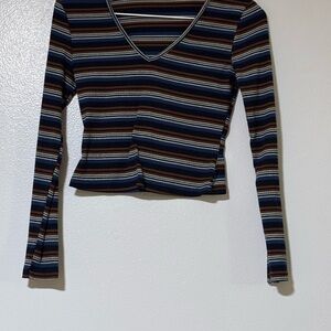 Striped V-Neck Long Sleeve Crop Top in Navy and Brown